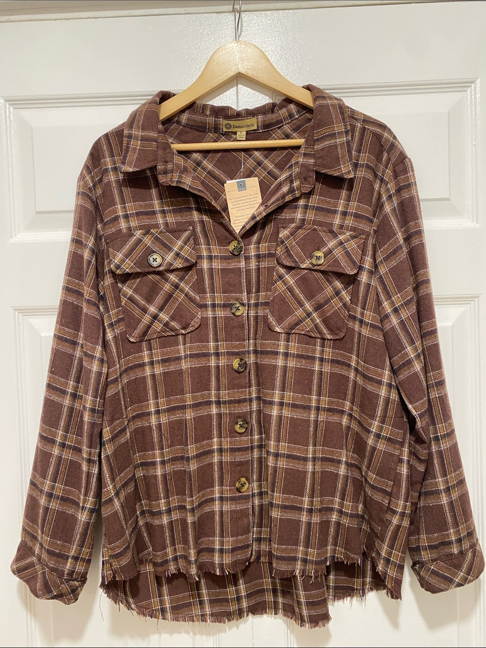 Democracy brown plaid flannel raw edge hem
